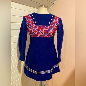 Vintage 1960s Mod Mini Dress, Children’s Size 16, Navy Blue Wool Blend